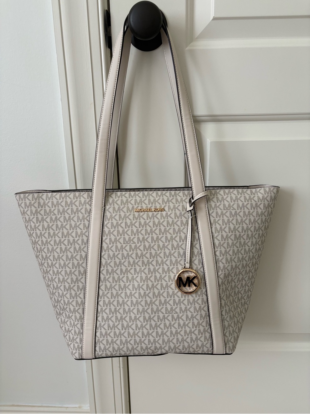 Michael Kors Beige Logo Tote with Gold Accent Charm